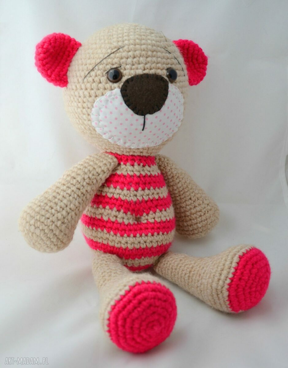Różowy Miś Stefan - szydełkowa maskotka na urodziny, ok. 38 cm