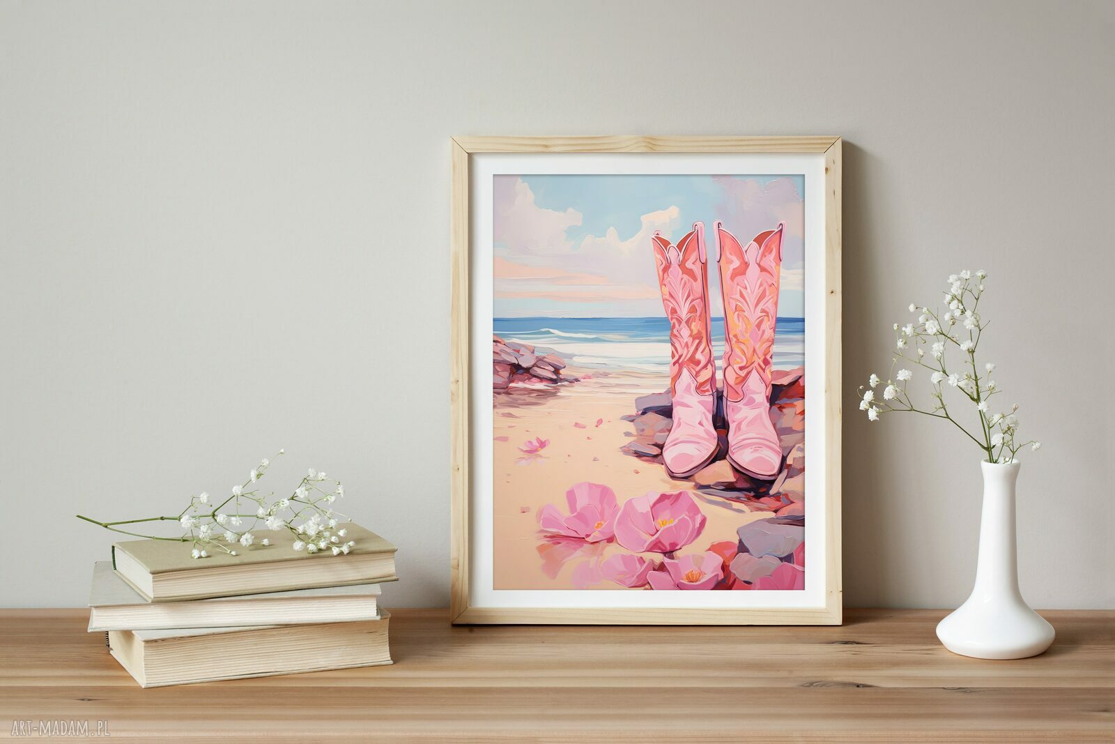 Różowy plakat boho Coastal Girl - kowbojki i plaża 40x53 cm