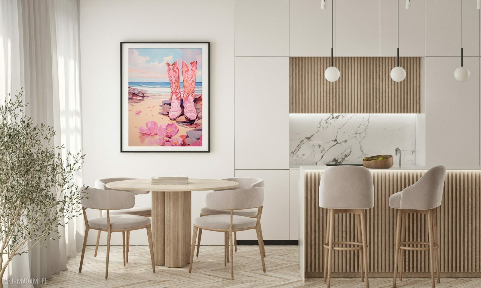 Różowy plakat boho Coastal Girl - kowbojki i plaża 40x53 cm