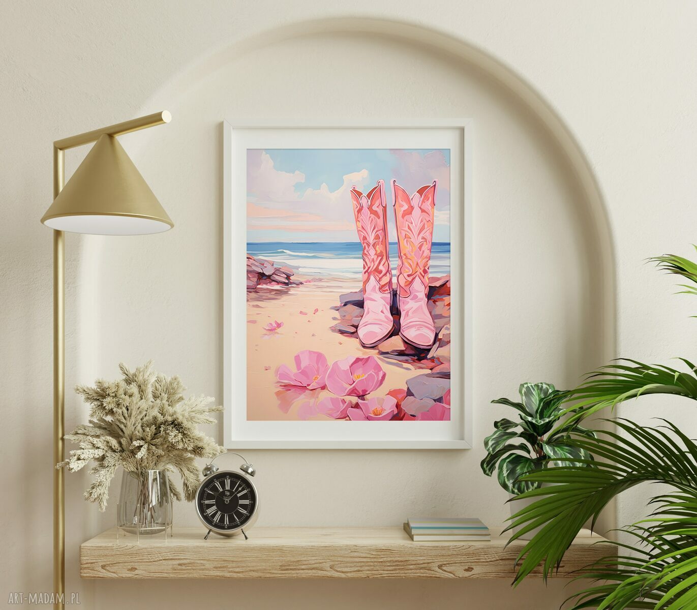 Różowy plakat boho Coastal Girl - kowbojki i plaża 40x53 cm
