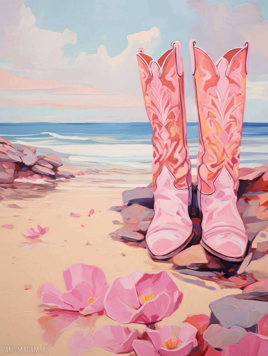 Różowy plakat boho Coastal Girl - kowbojki i plaża 40x53 cm