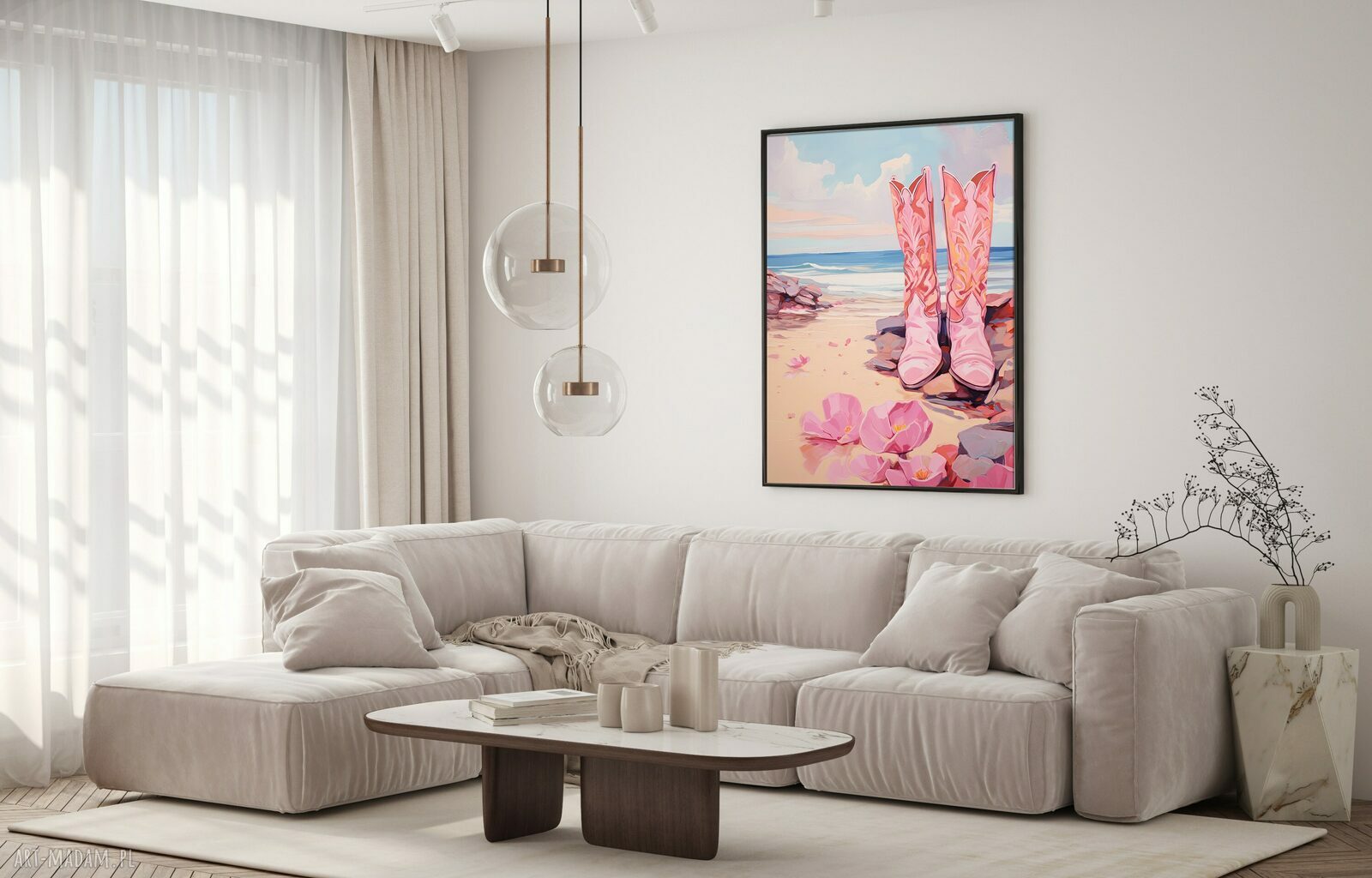 Różowy plakat boho Coastal Girl - kowbojki i plaża 40x53 cm