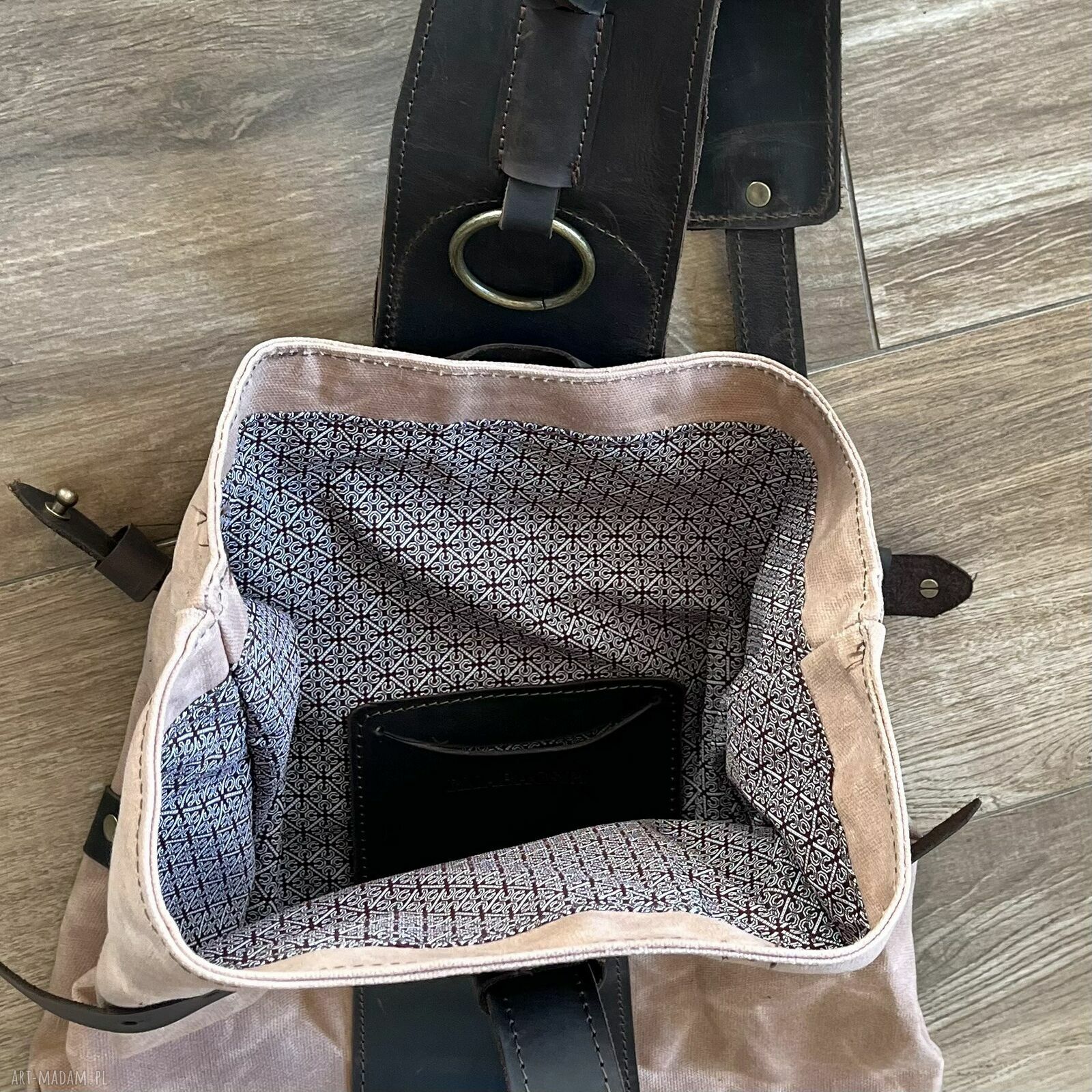 plecaki: Różowy plecak „Bukłak” ze skóry i bawełny woskowanej Vintage. HandMade