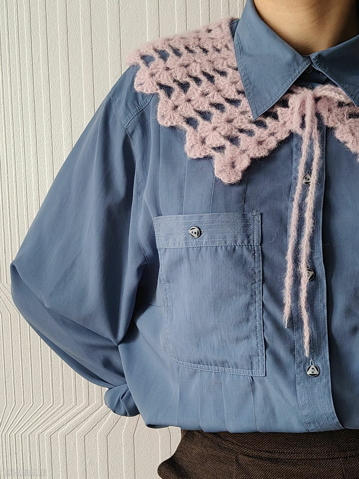 Różowy romantyczny kołnierzyk z alpaki i jedwabiu - handmade