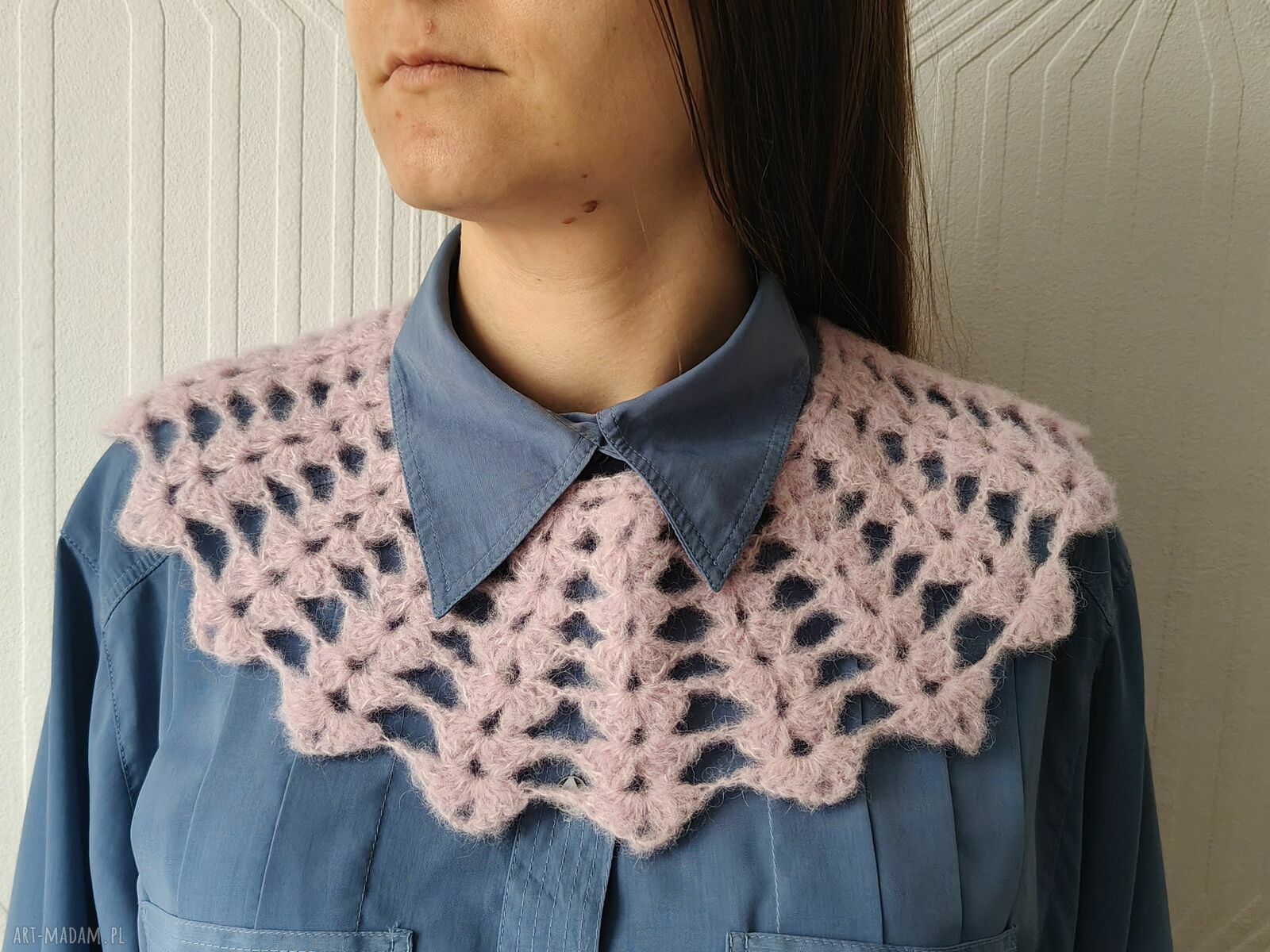 Różowy romantyczny kołnierzyk z alpaki i jedwabiu - handmade