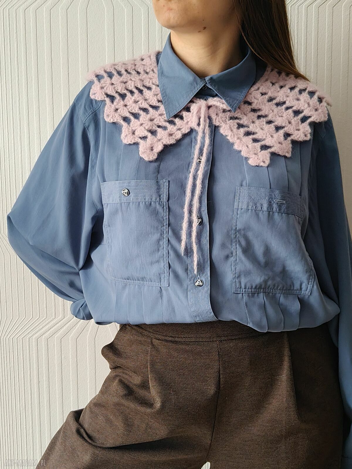 Różowy romantyczny kołnierzyk z alpaki i jedwabiu - handmade