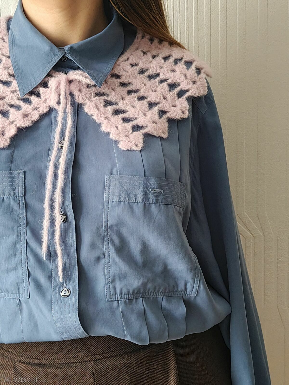 Różowy romantyczny kołnierzyk z alpaki i jedwabiu - handmade
