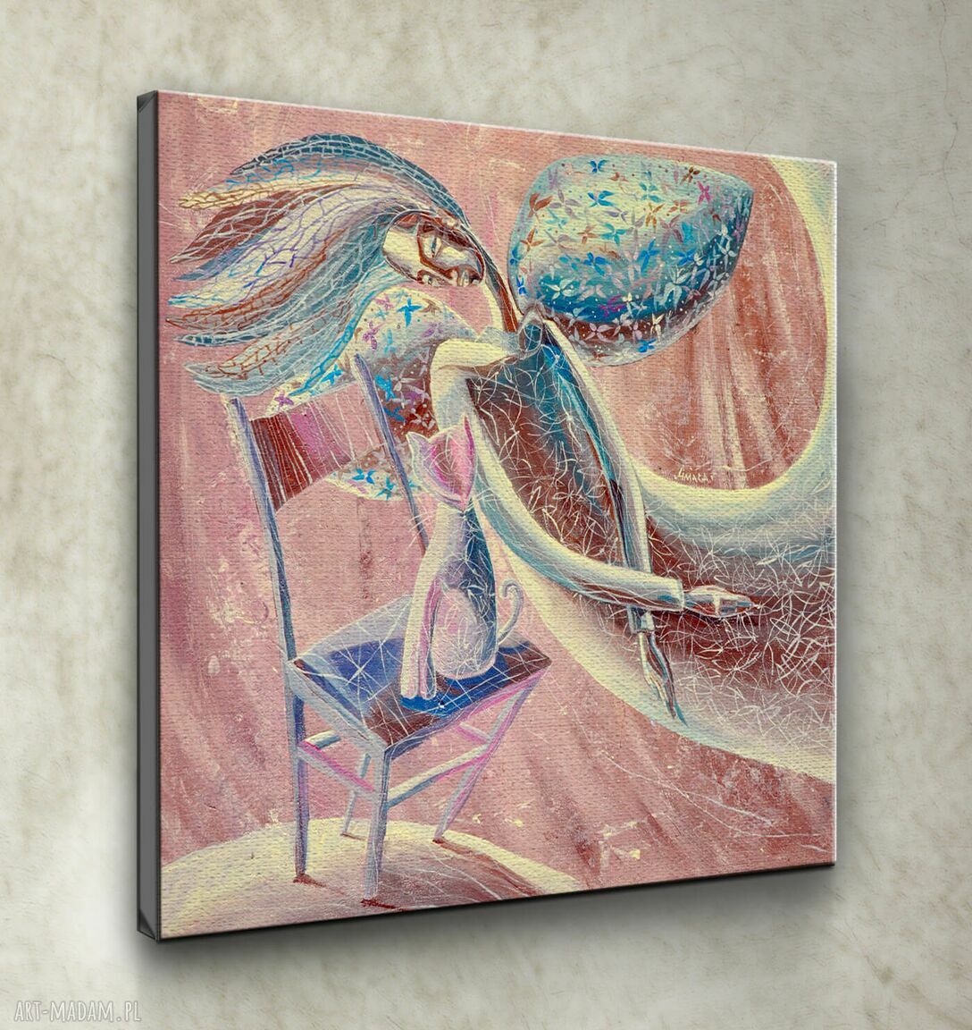 Różowy Sen - obraz giclee z motywem kota i anioła na płótnie canvas 4mara