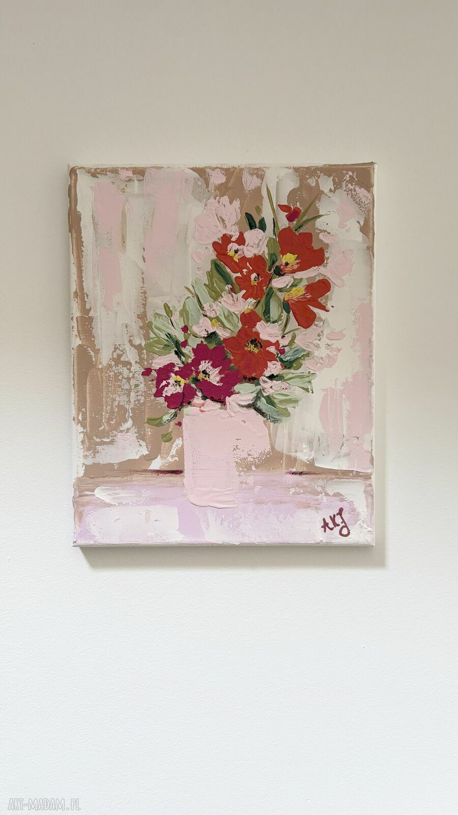 Różowy wiosenny bukiet - obraz akrylowy 24x30 cm malowany ręcznie (bez ramy)