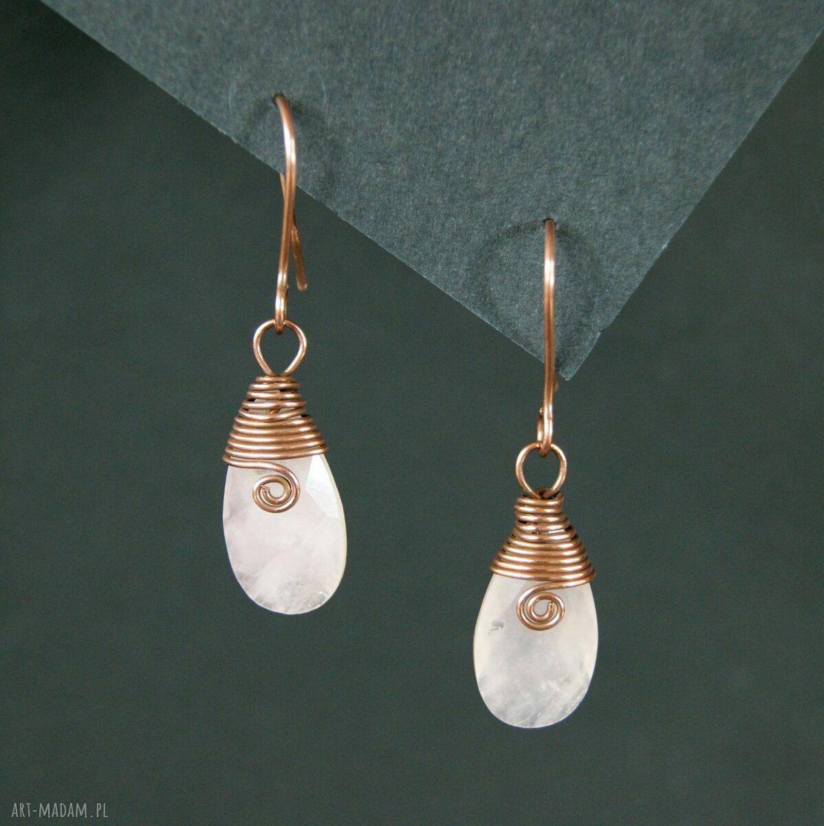 Kolczyki z różowym kwarcem - ręczne wire wrapping, ok. 5 cm