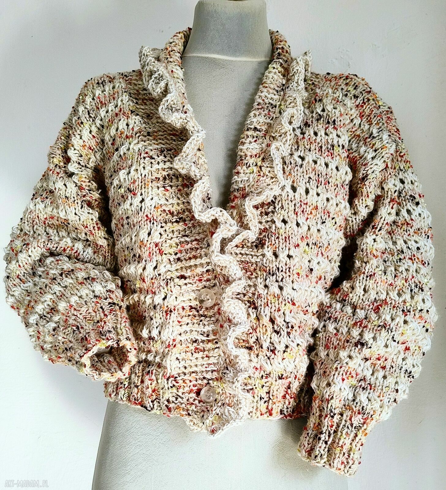 Rozpinany krótki sweter kardigan z lekkim ażurem i falbanką