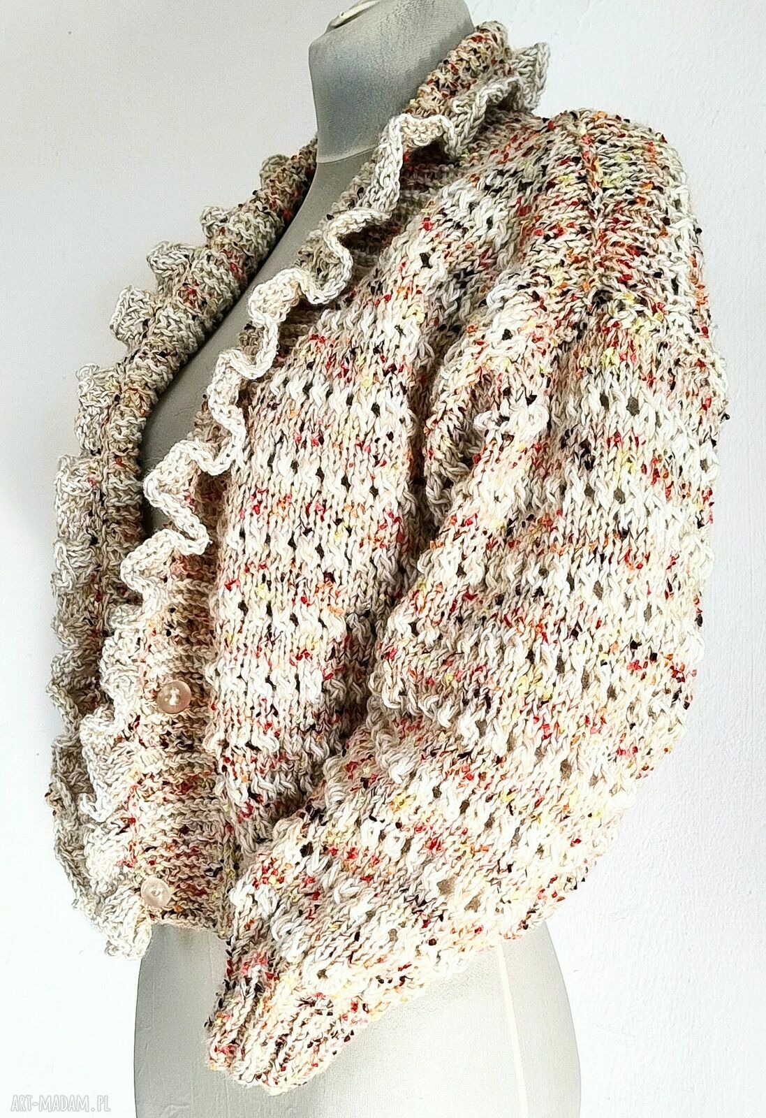 Rozpinany krótki sweter kardigan z lekkim ażurem i falbanką
