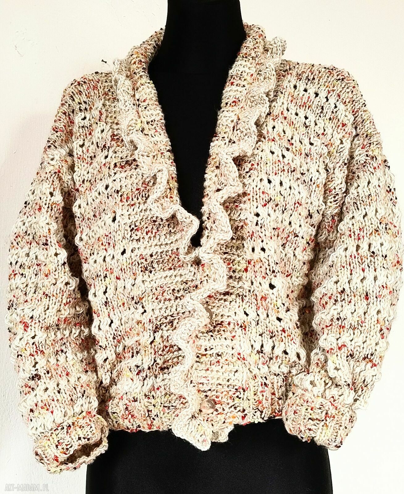 Rozpinany krótki sweter kardigan z lekkim ażurem i falbanką