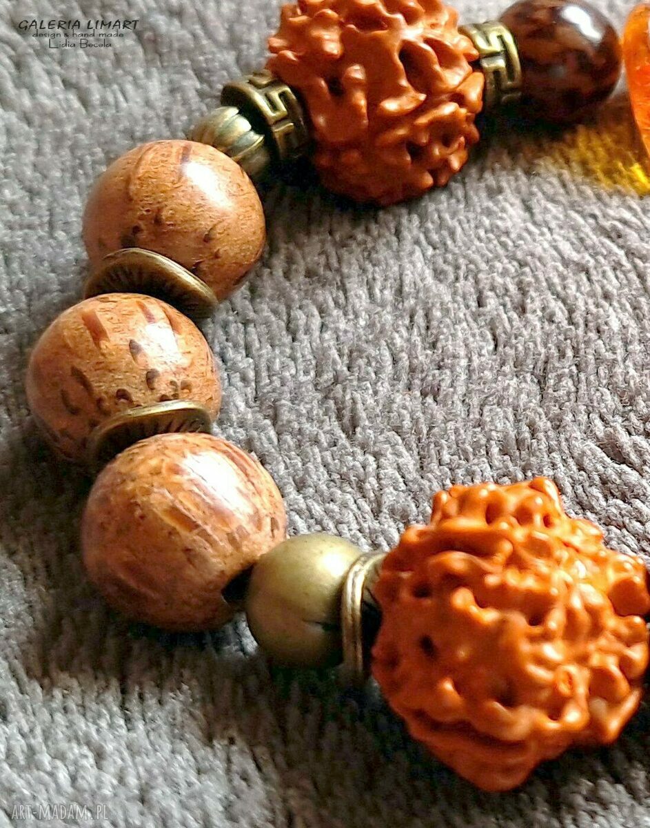 Rudraksha i bursztyn w etnicznej bransoletce boho handmade UNISEX - wyjątkowy prezent