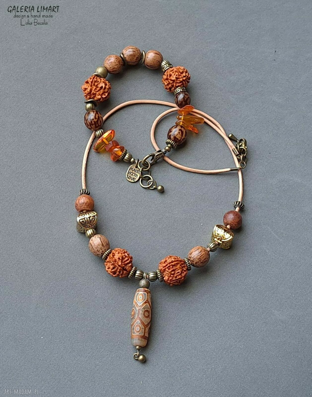 Rudraksha i bursztyn w etnicznej bransoletce boho handmade UNISEX - wyjątkowy prezent