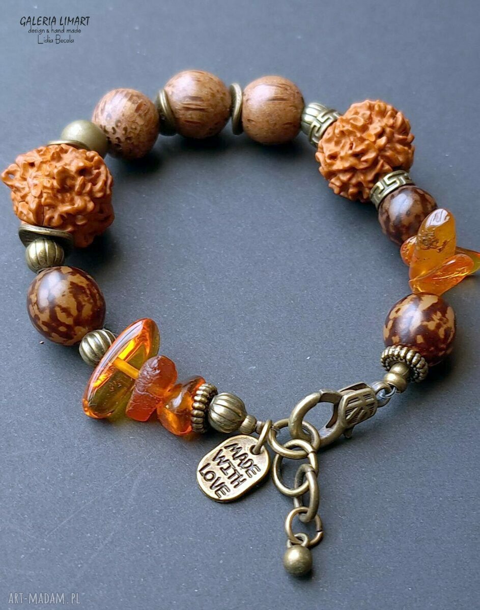 Rudraksha i bursztyn w etnicznej bransoletce boho handmade UNISEX - wyjątkowy prezent