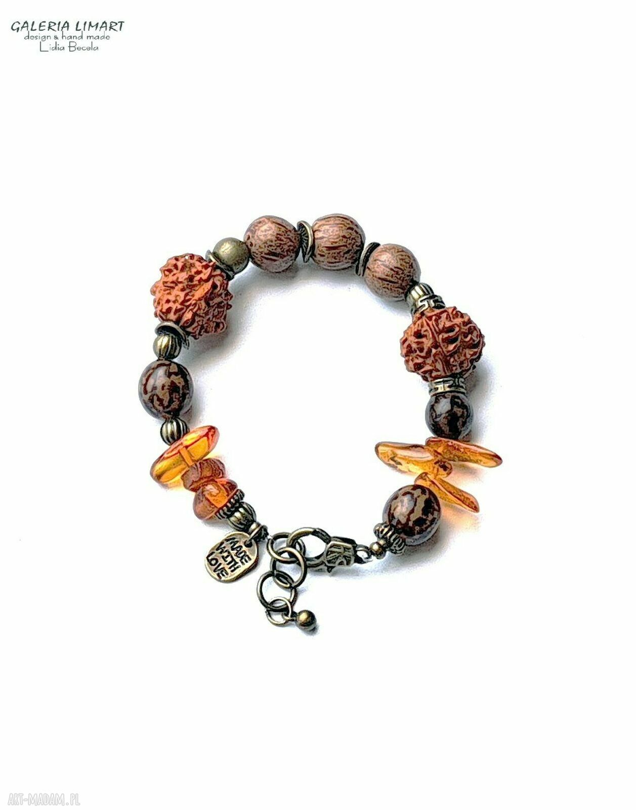 Rudraksha i bursztyn w etnicznej bransoletce boho handmade UNISEX - wyjątkowy prezent