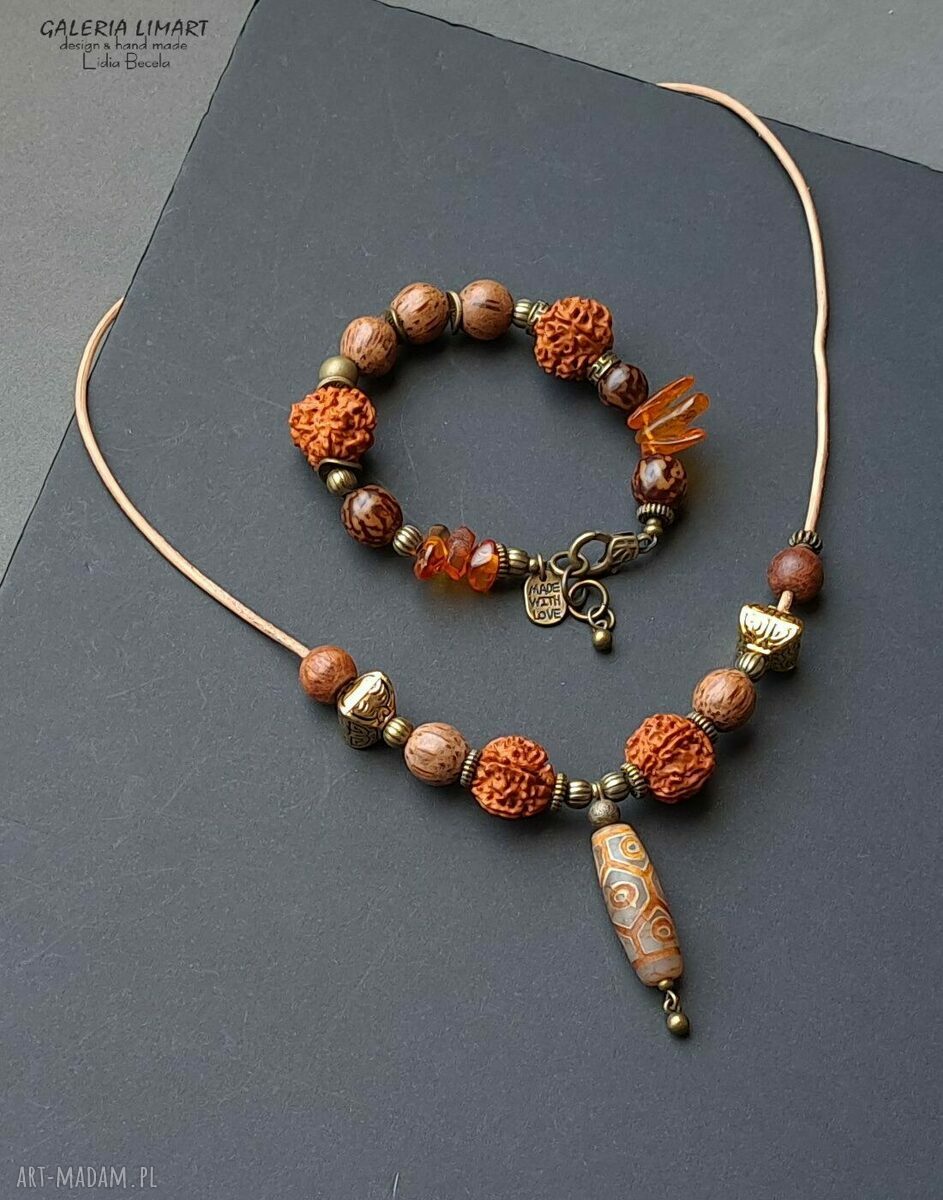 Rudraksha i bursztyn w etnicznej bransoletce boho handmade UNISEX - wyjątkowy prezent