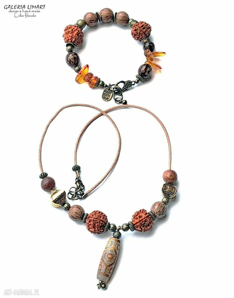 Rudraksha i bursztyn w etnicznej bransoletce boho handmade UNISEX - wyjątkowy prezent