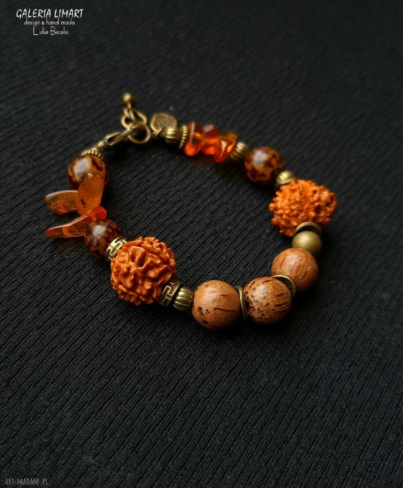 Rudraksha i bursztyn w etnicznej bransoletce boho handmade UNISEX - wyjątkowy prezent