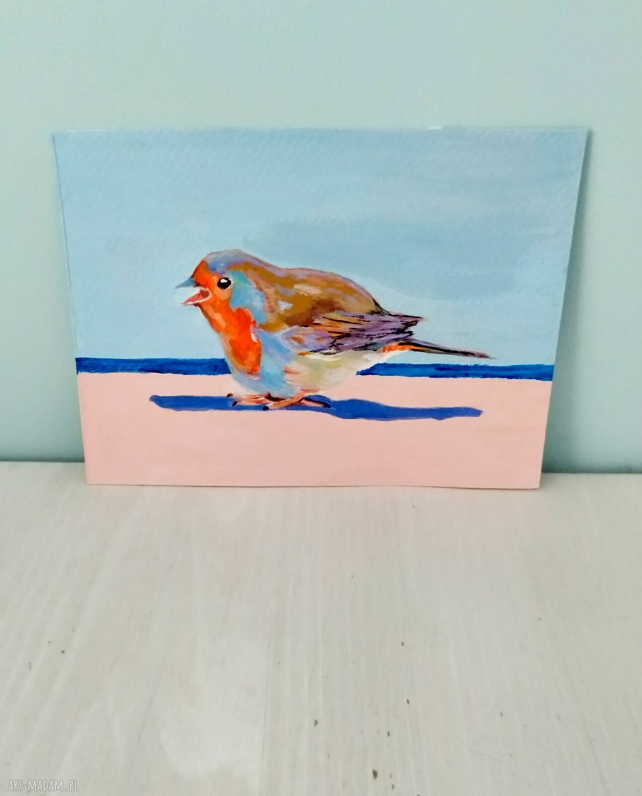 Rudzik - obraz tempera i akryl 12,5x17 cm dla miłośniczek ptaków