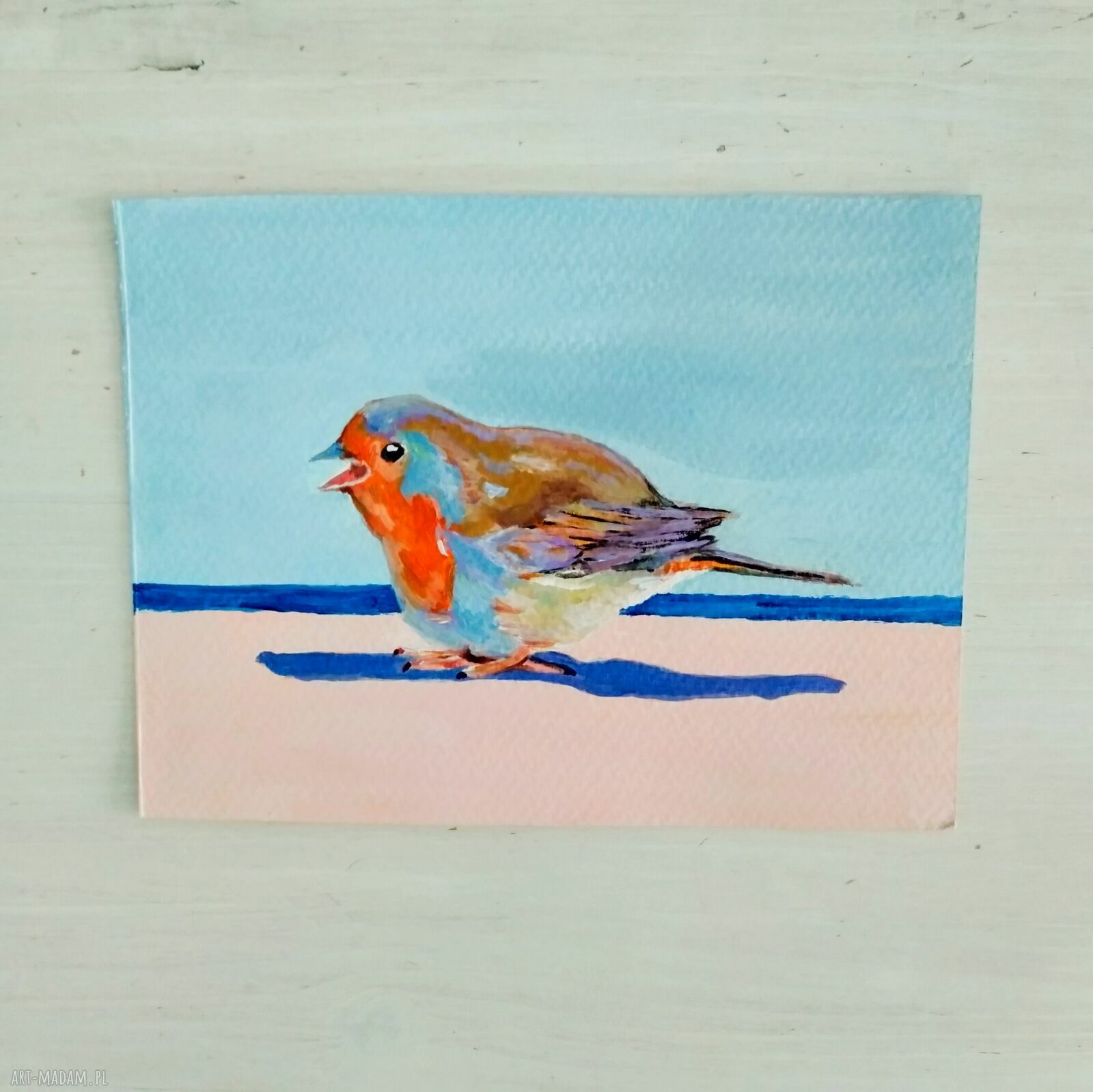 Rudzik - obraz tempera i akryl (12,5x17 cm) dla miłośniczek ptaków