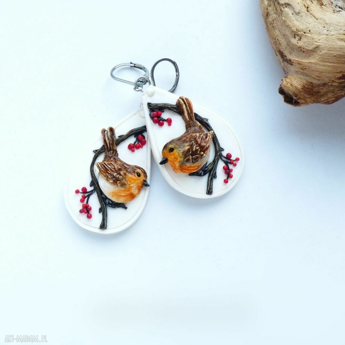 Kolczyki z rudzikiem - zimowe kolczyki handmade