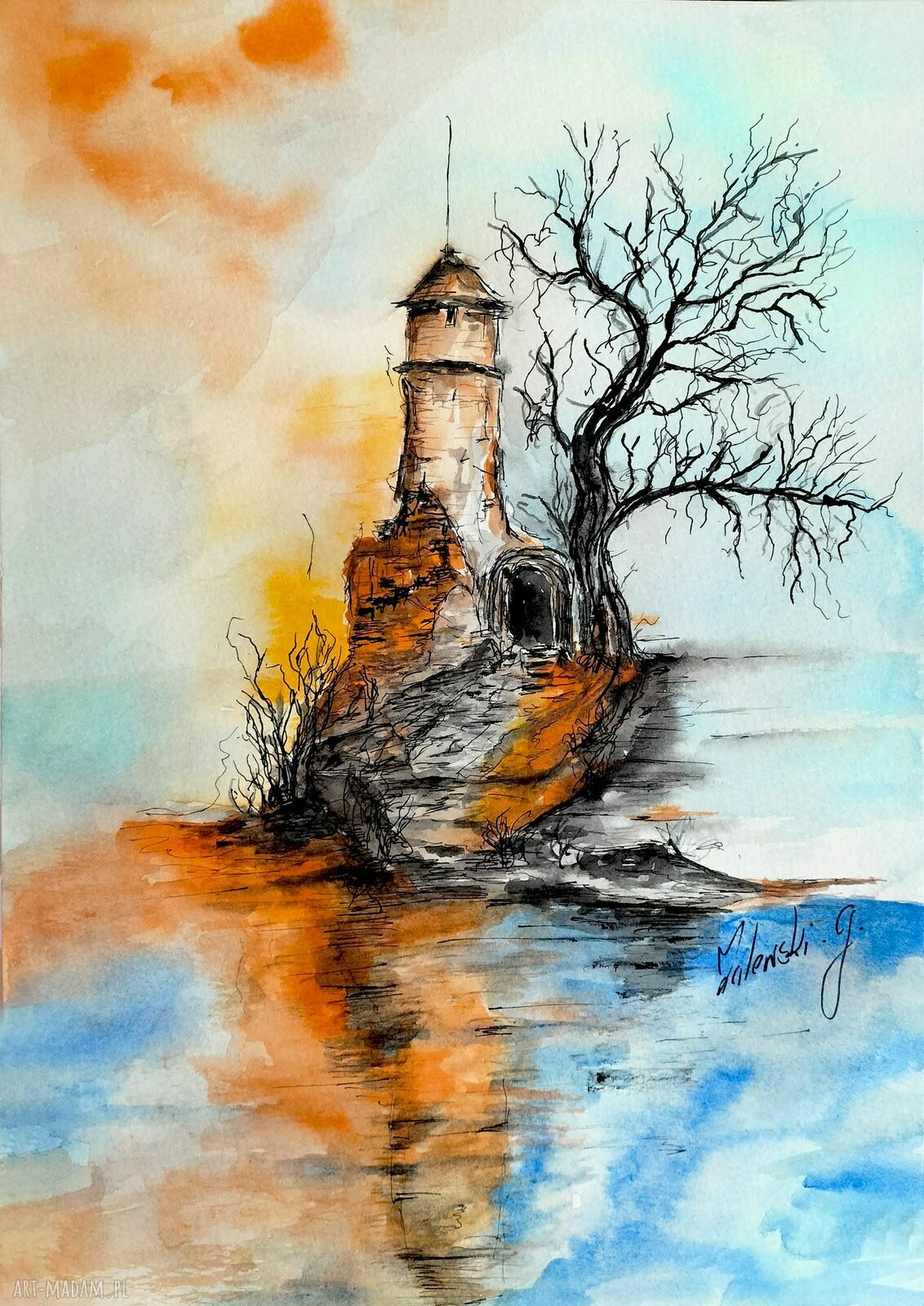 Ruiny zamku - oryginalny obraz akwarelowy A4