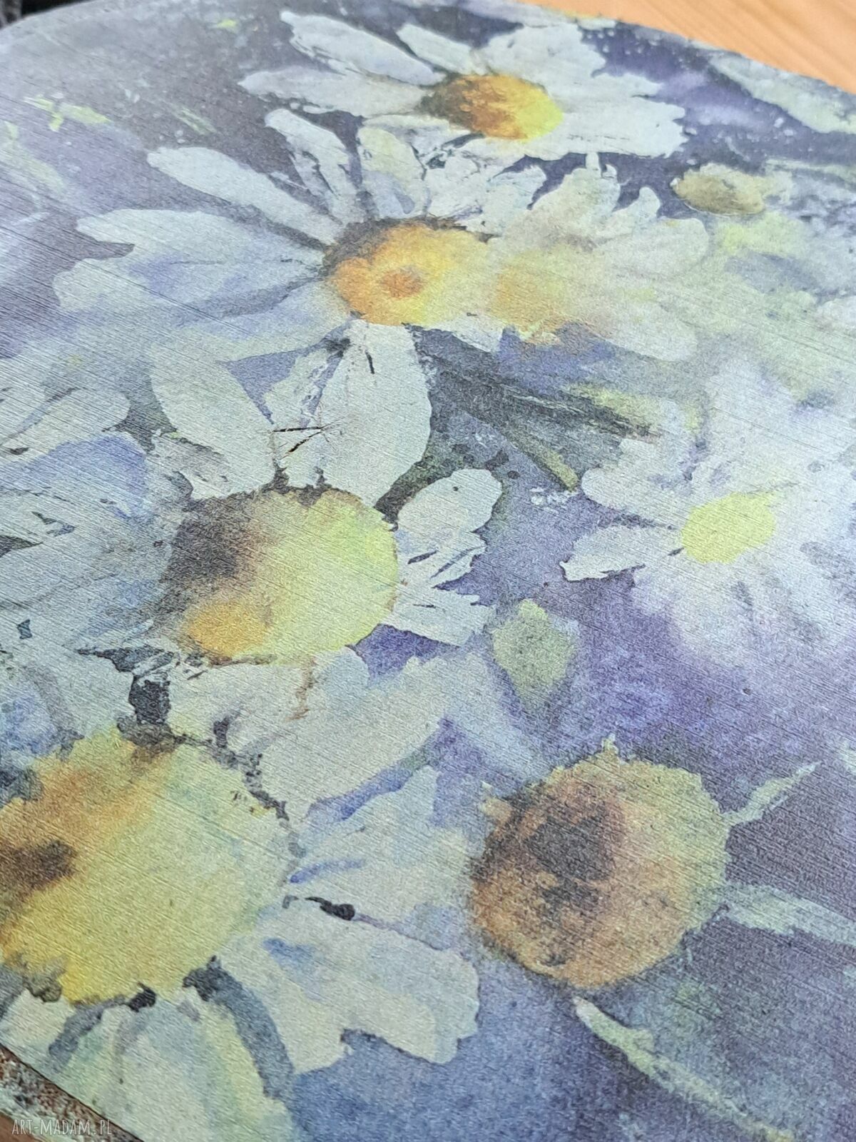 Rumianki - dekoracyjna podstawka z autorską grafiką na drewnie