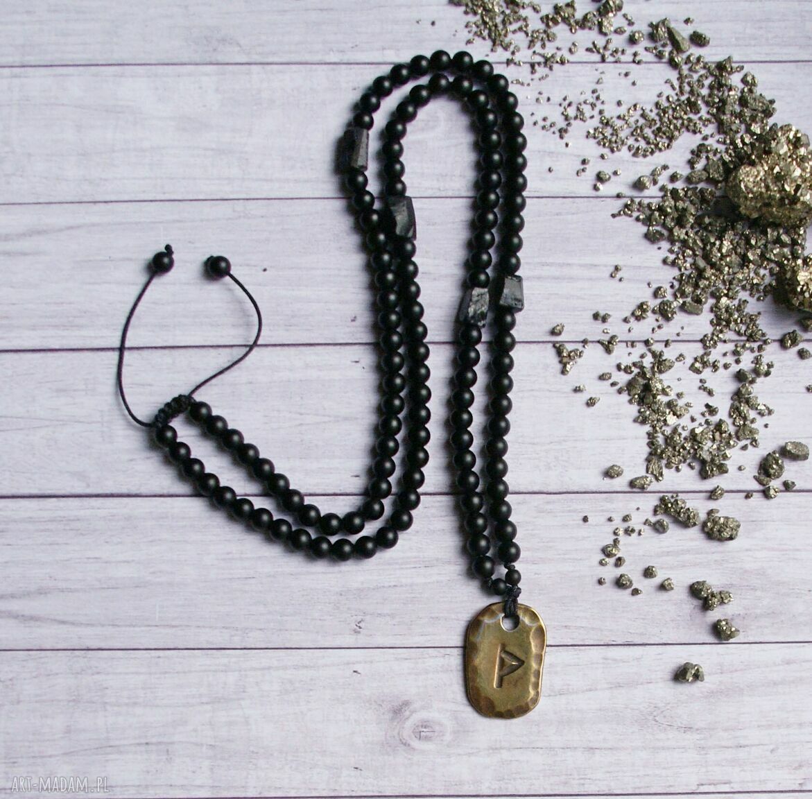 Runa Wunjo - naszyjnik-amulet z czarnym turmalinem i onyks