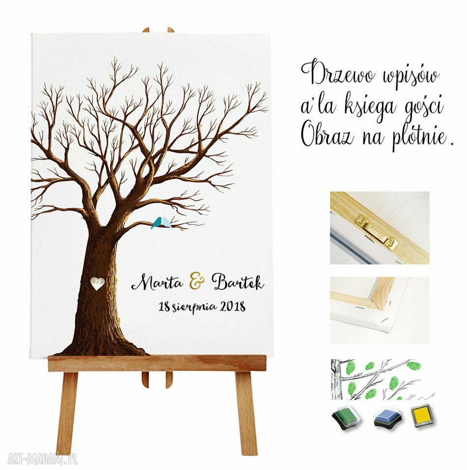 Rustykalne drzewo wpisów gości weselnych 50x70 cm 3 tusze