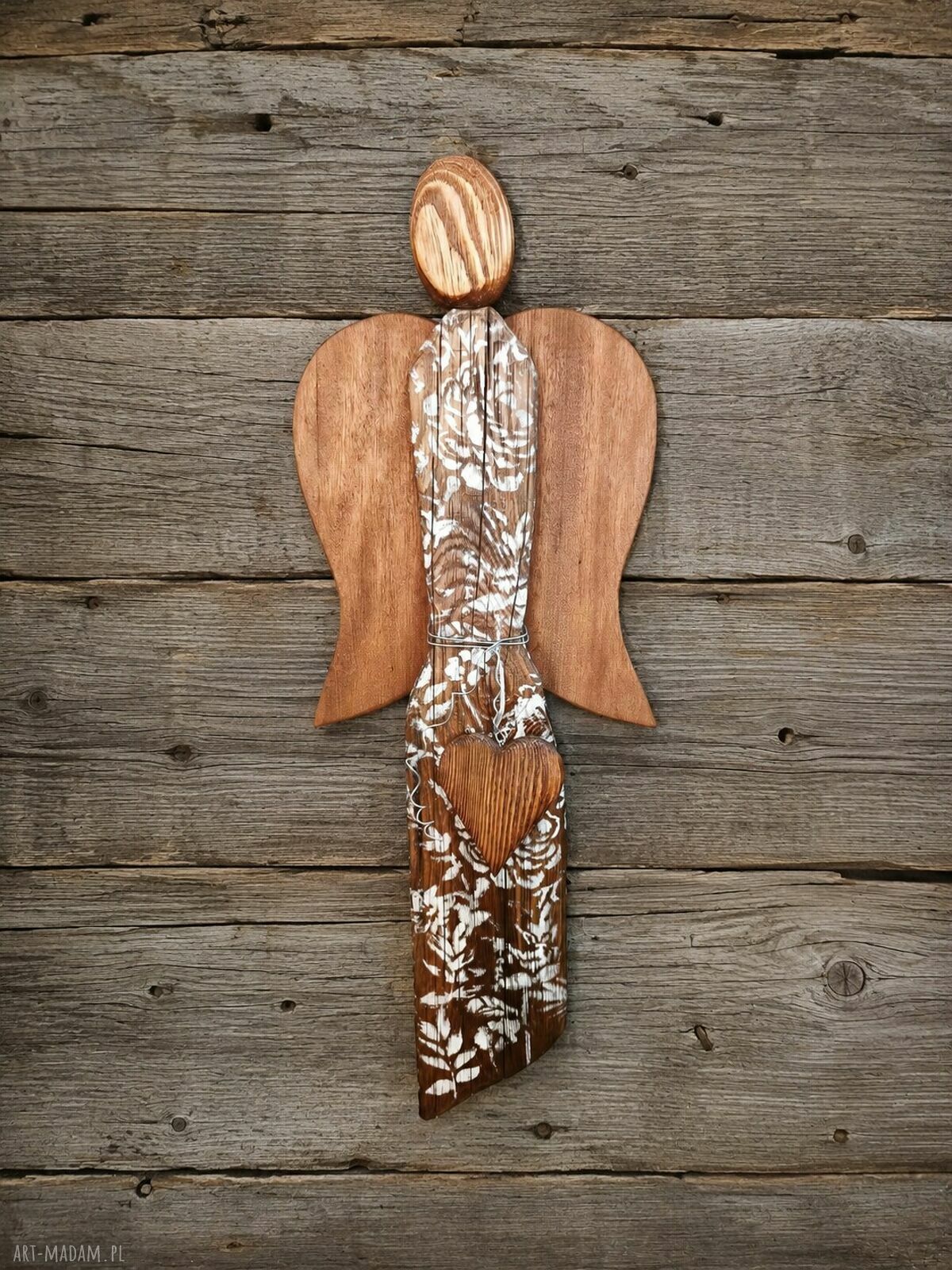 Rustykalny anioł z drewna - dekoracja ścienna Elle Mellek 58 cm