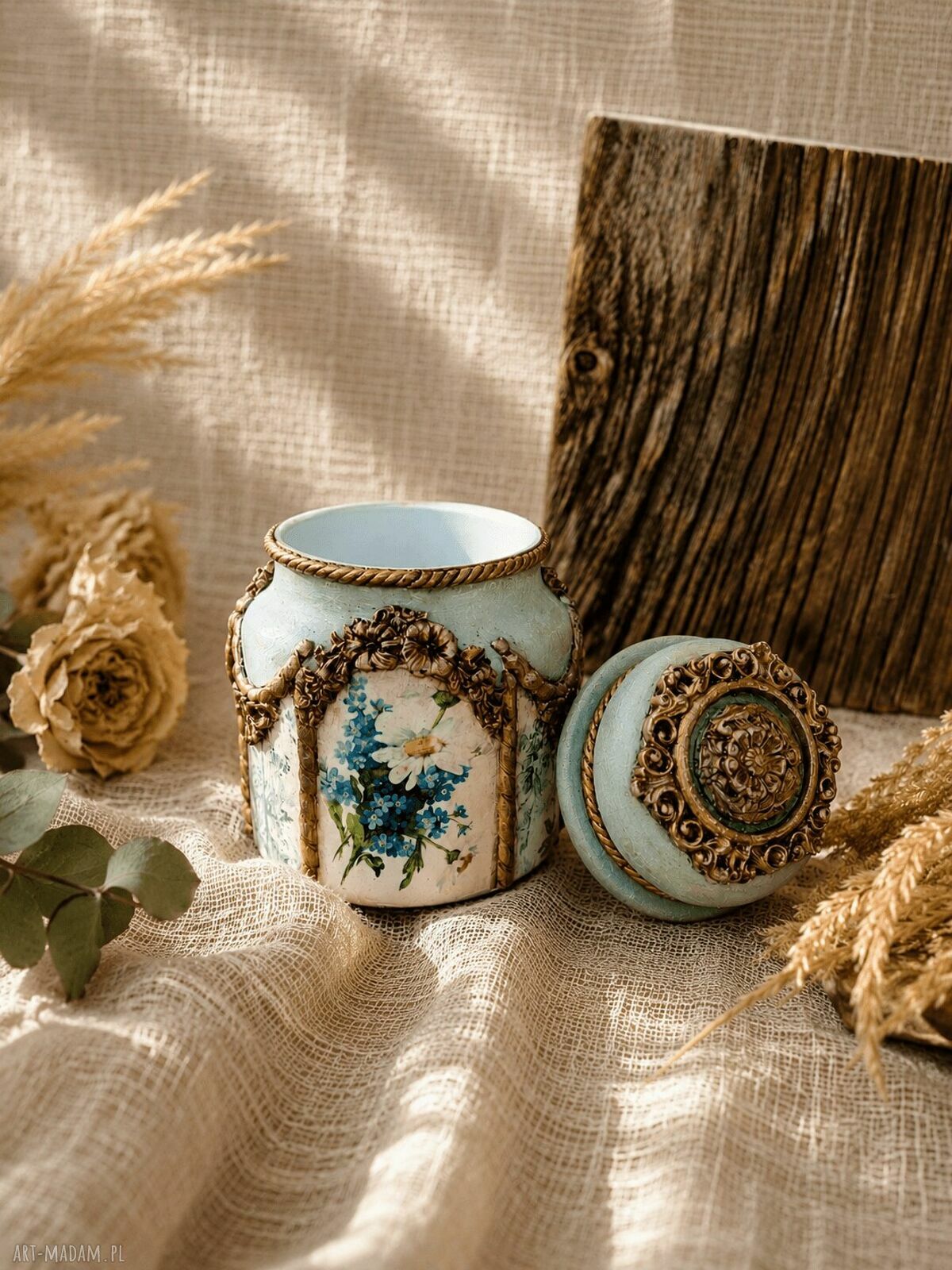 Rustykalny słoik decoupage Błękitna Łąka