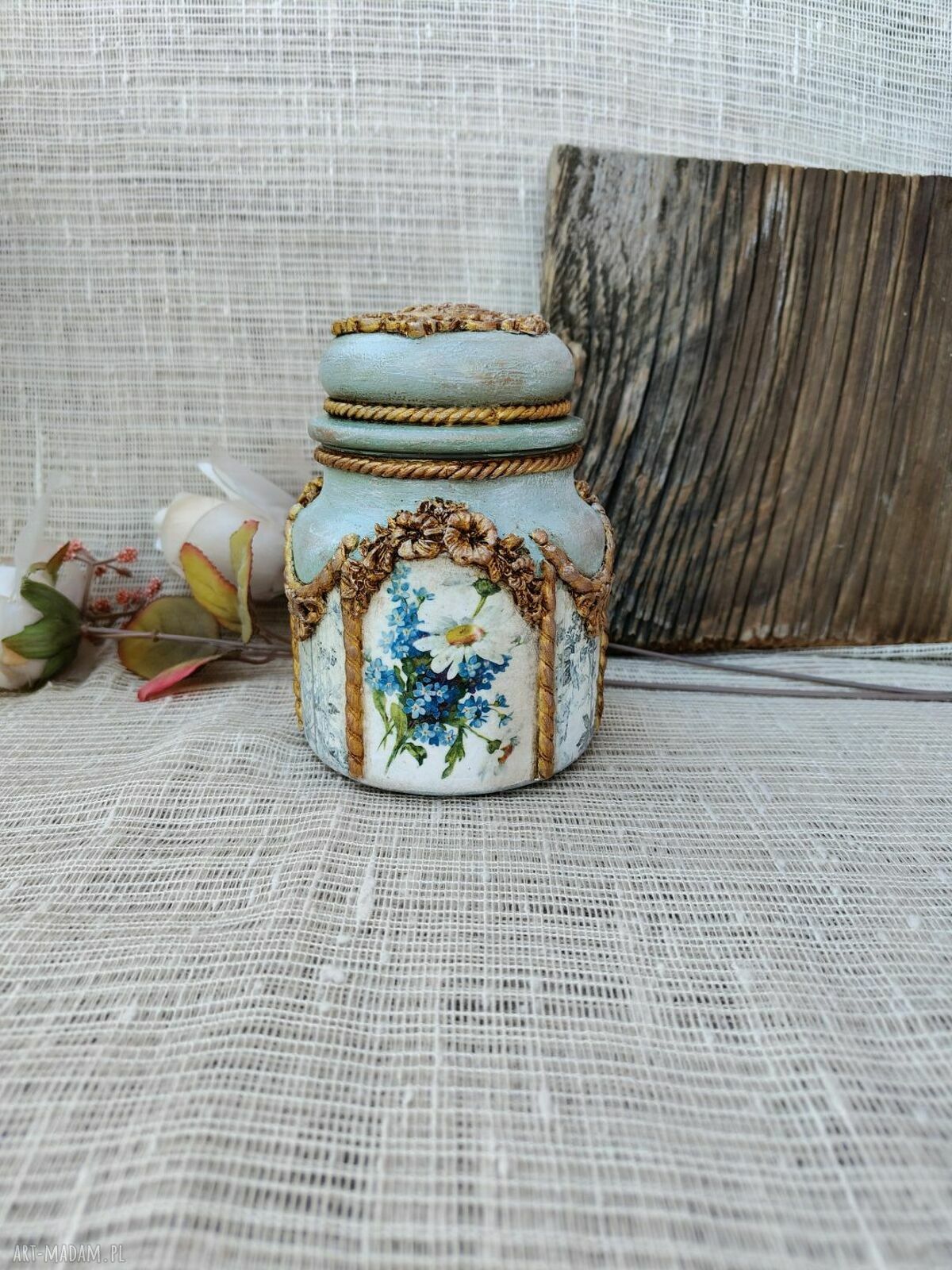 Rustykalny słoik decoupage Błękitna Łąka