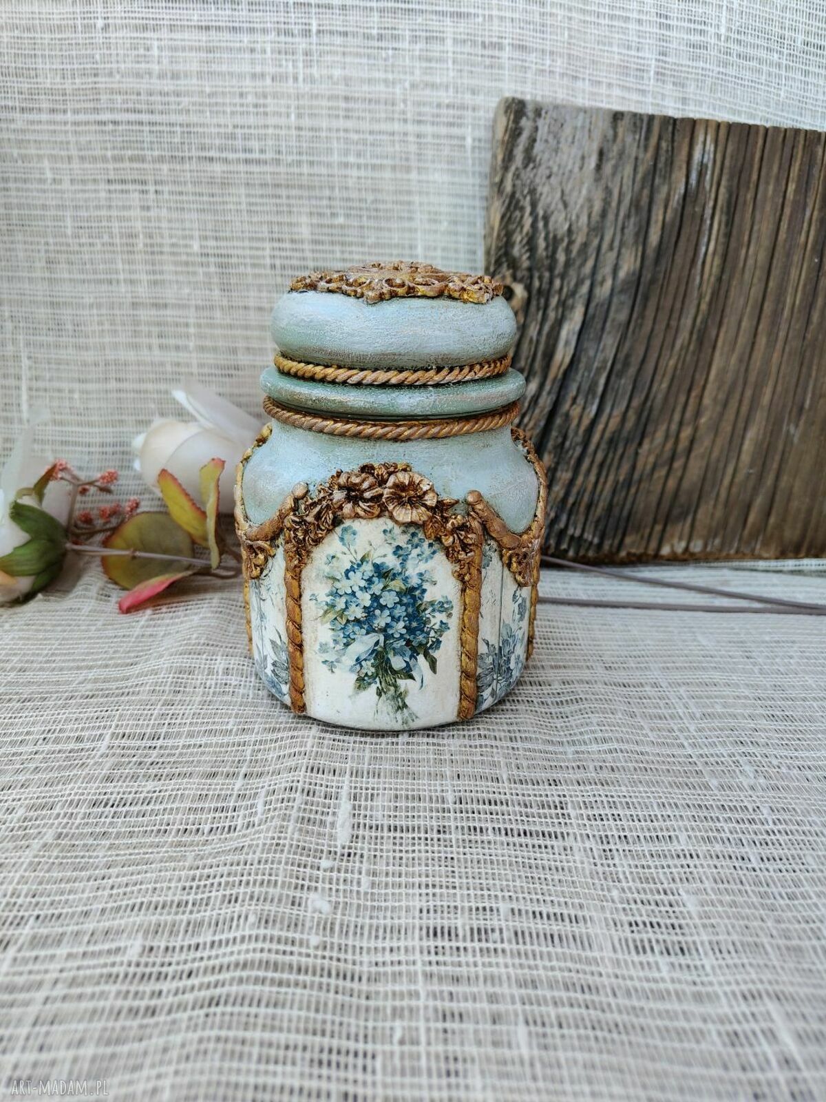 Rustykalny słoik decoupage Błękitna Łąka