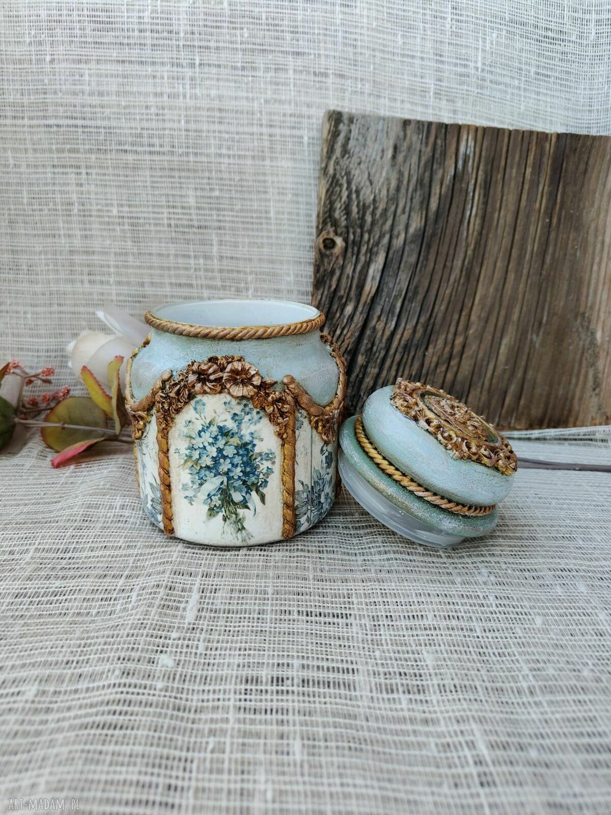 Rustykalny słoik decoupage Błękitna Łąka