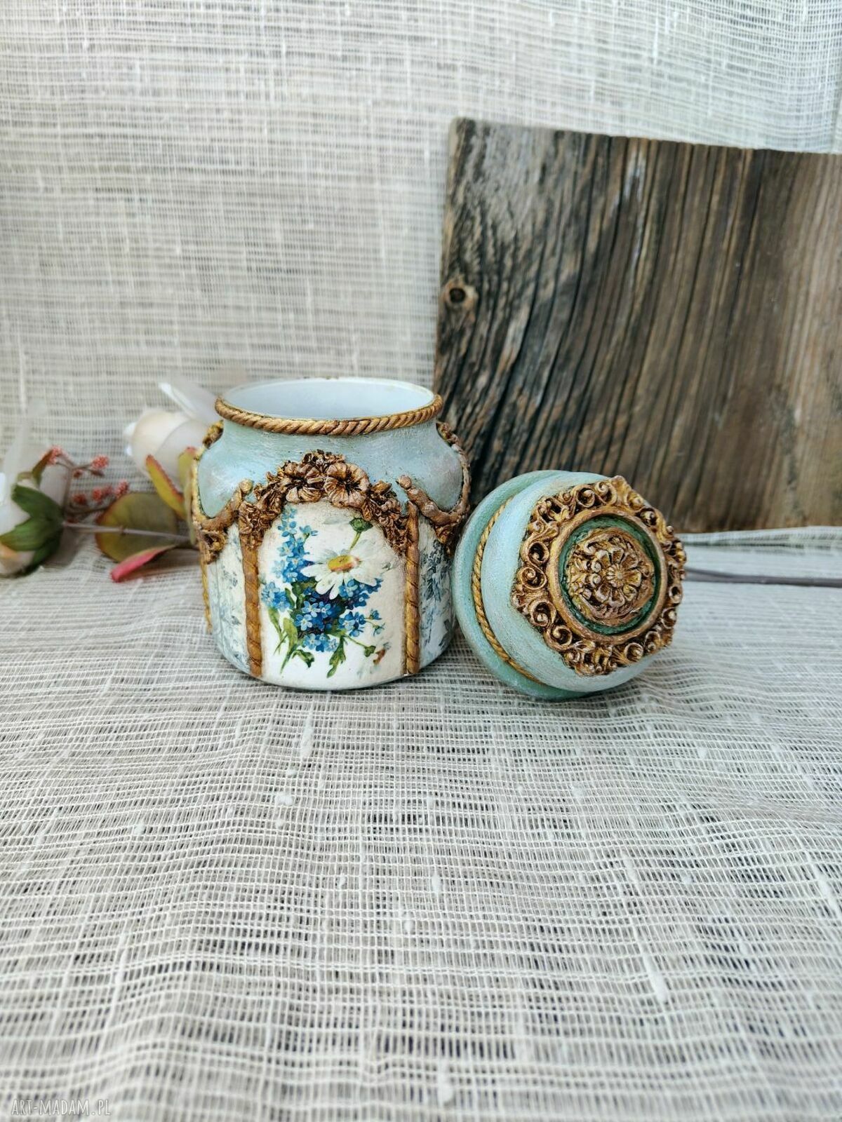 Rustykalny słoik decoupage Błękitna Łąka