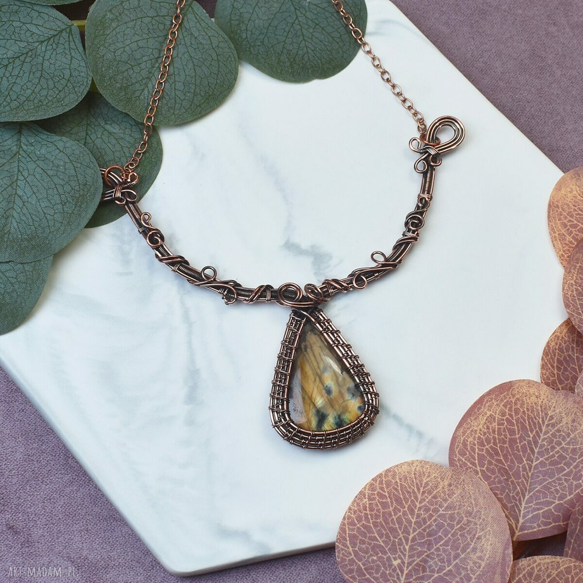 Miedziany naszyjnik z labradorytem - wire wrapping ręcznie robiony