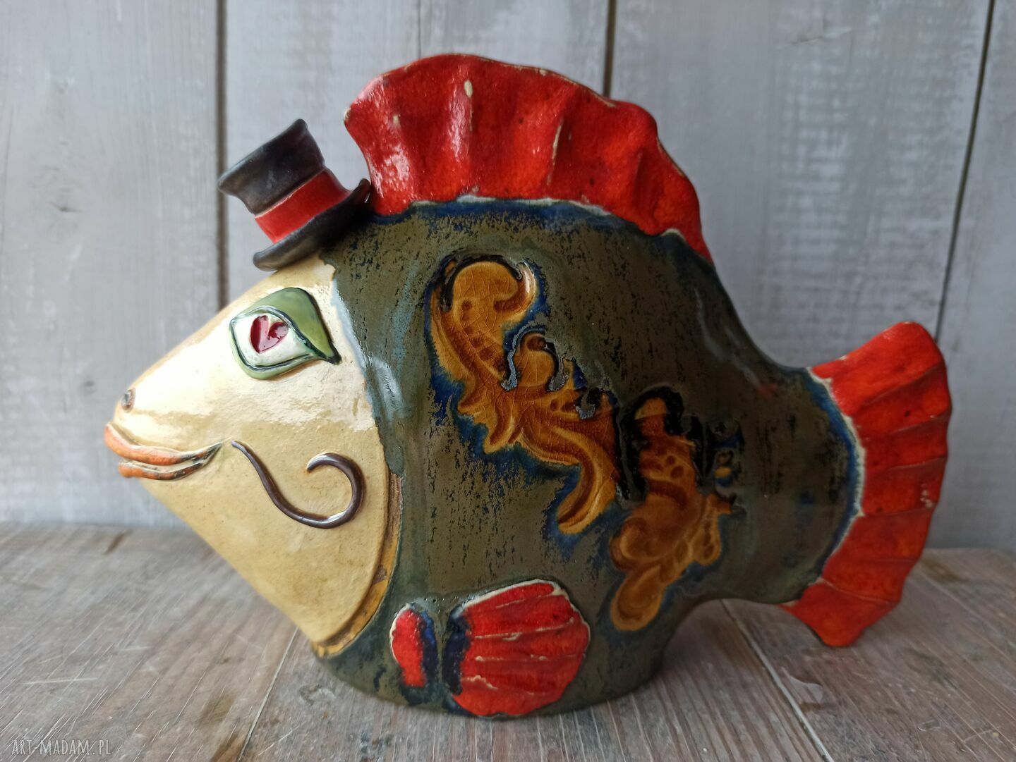 Rybeńka w cylindrze - ceramiczna dekoracja ręcznie wykonana