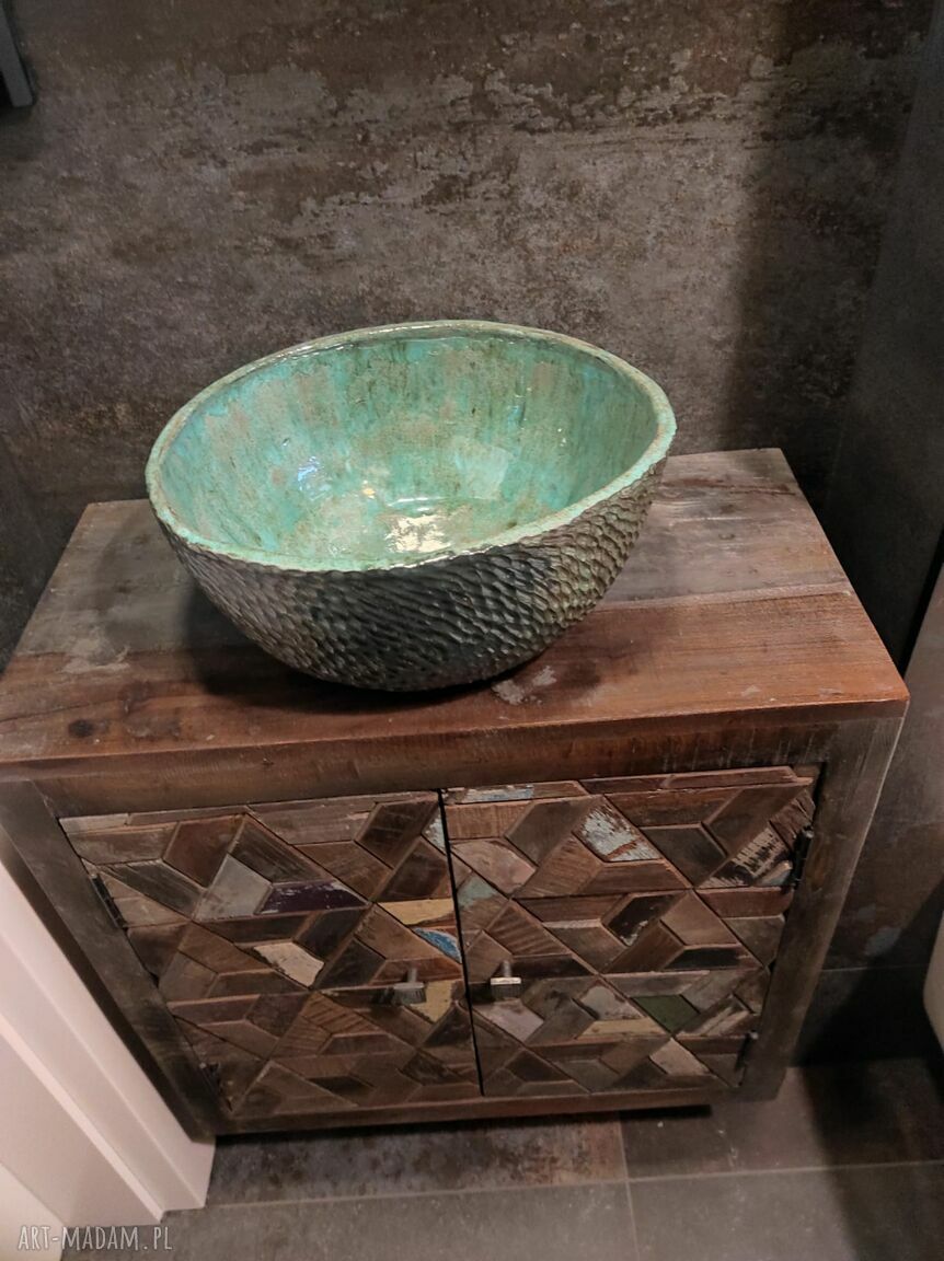 Umywalka ceramiczna „Rybia Łuska” - zielono-turkusowa, ręcznie zdobiona sgraffito