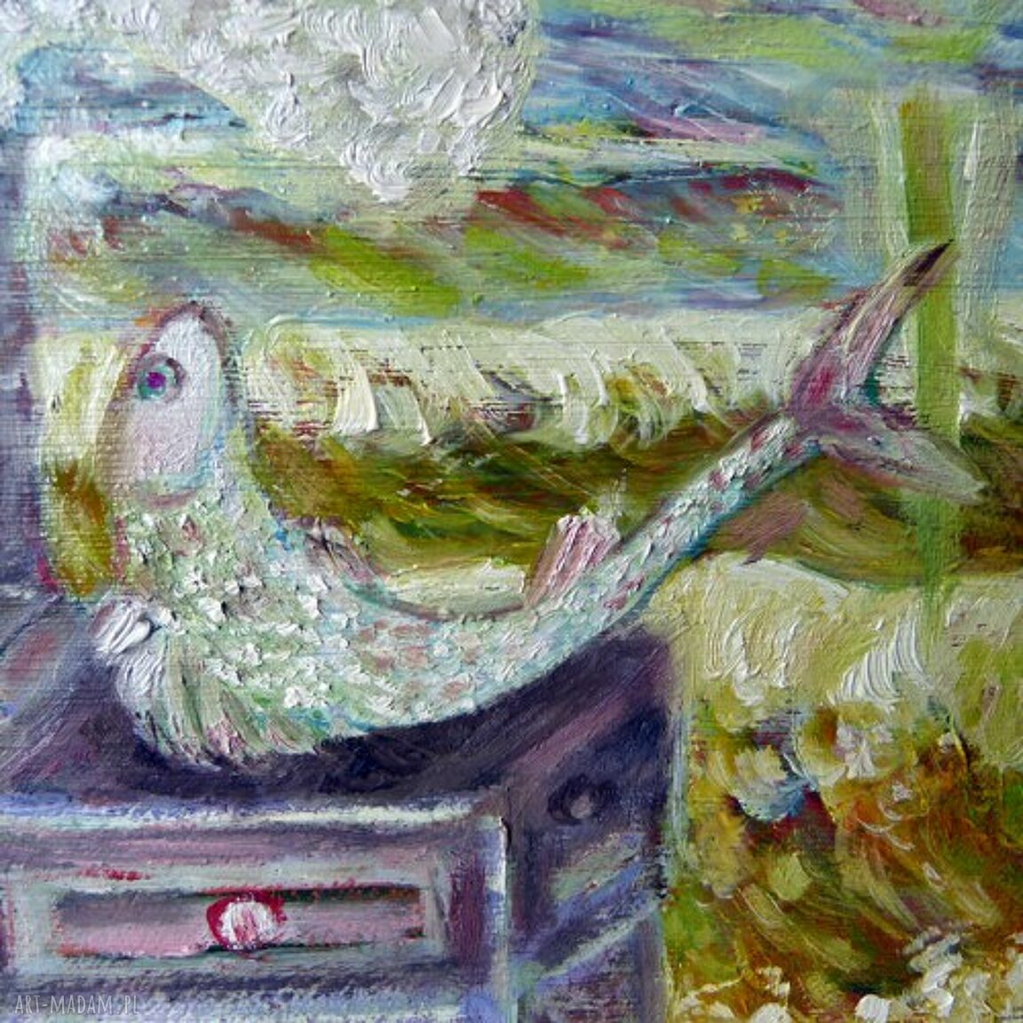 Rybka nad morzem - obraz olejny na płótnie 30 x 40 cm