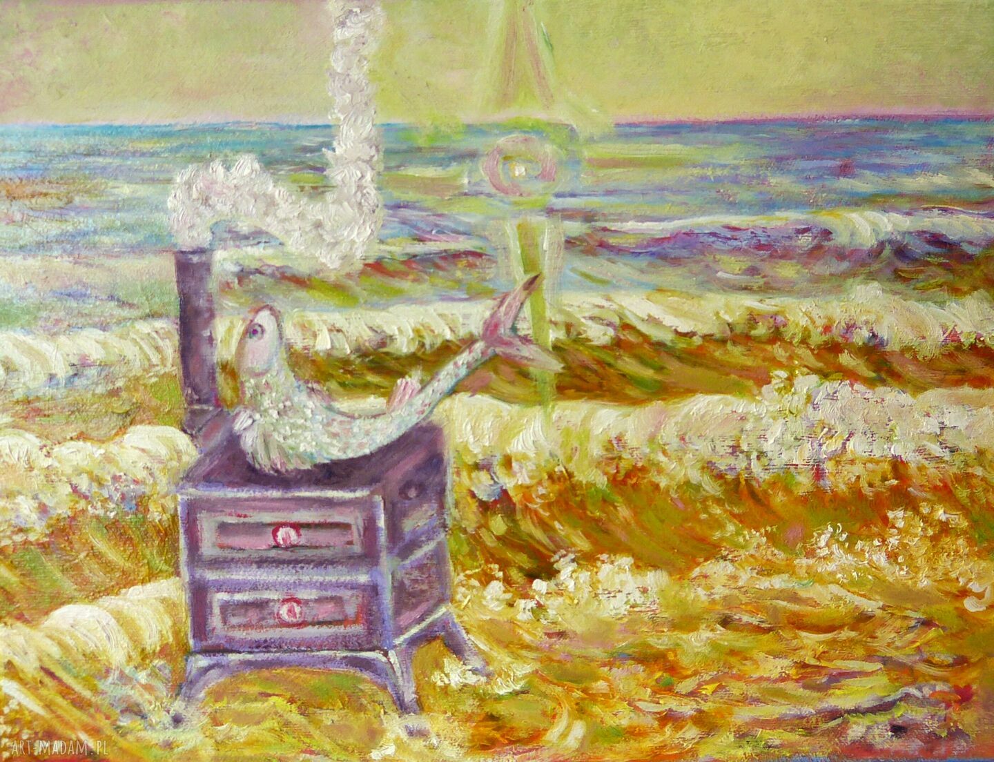 Rybka nad morzem - obraz olejny na płótnie 30 x 40 cm
