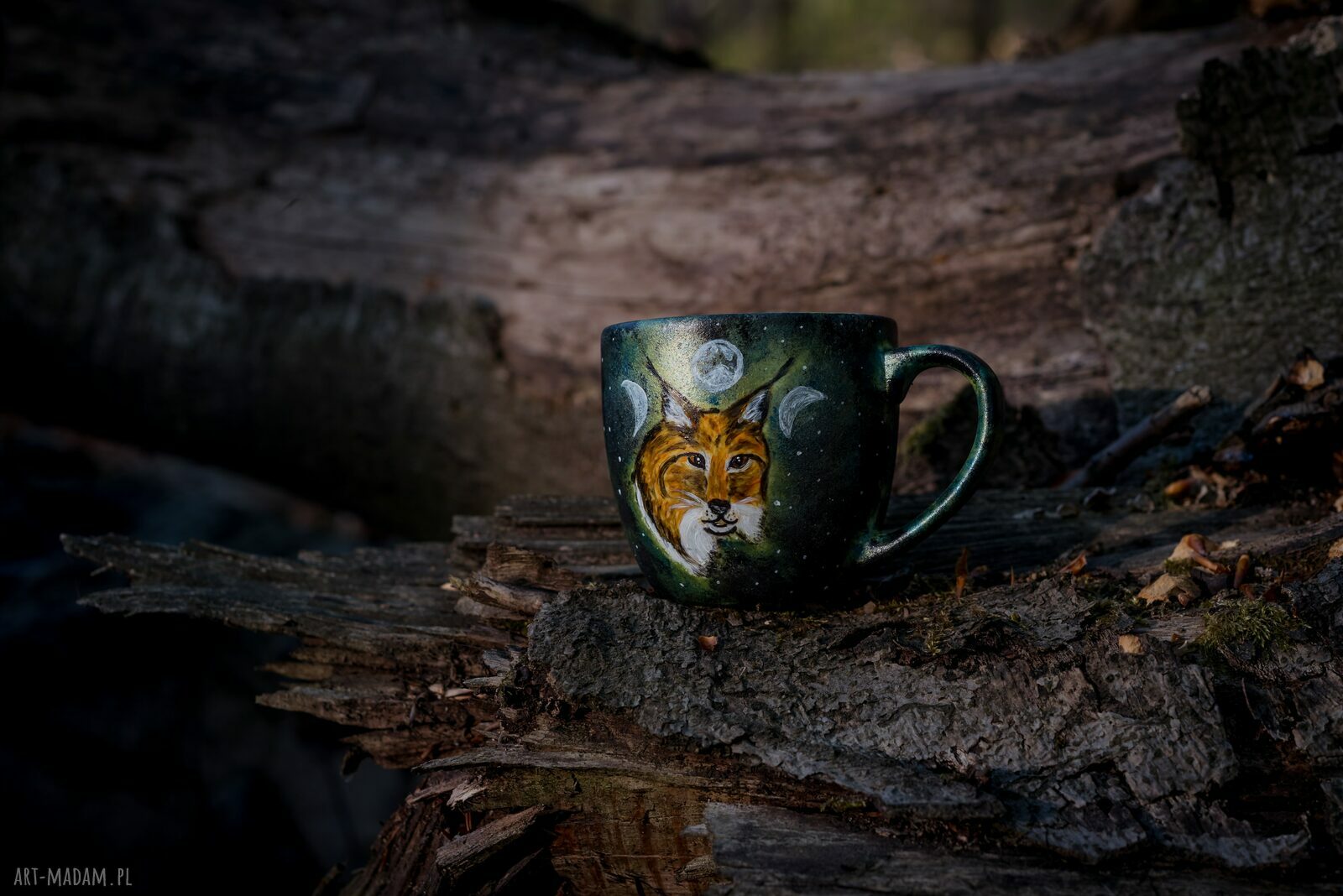 Kubek Ryś 300 ml - ręcznie malowany porcelanowy prezent dla miłośnika lasu