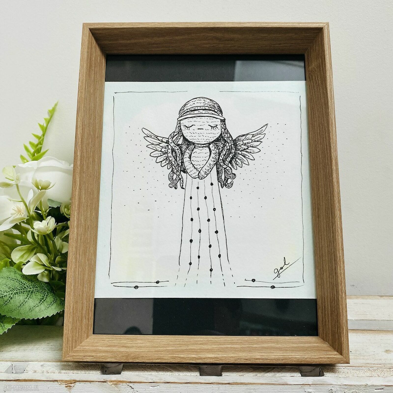 Anioł rysunek piórkiem w drewnianej ramce dla dziecka - prezent handmade