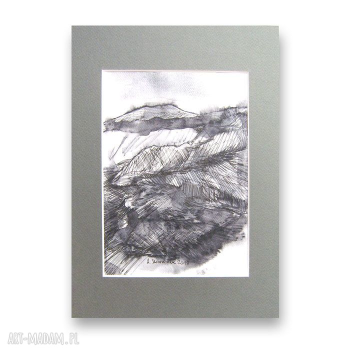 Ręcznie wykonany rysunek z górami - czarno-biały minimalizm 21x30 cm