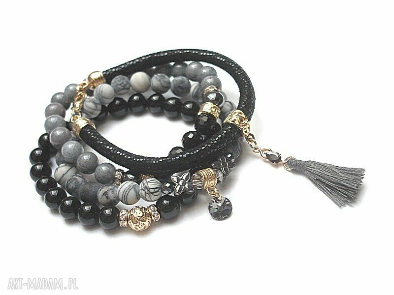 Hand made glamour czarno szara bransoletka z jaspisu