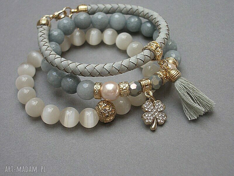 Wyprzedany komplet bransoletek z jadeitem, uleksytem i perłami Majorka grey & vanilla vol. 6