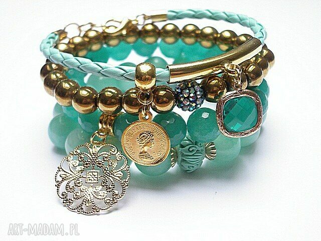 Mint and gold set jadeity hematyty koral rzemień skóra komplet