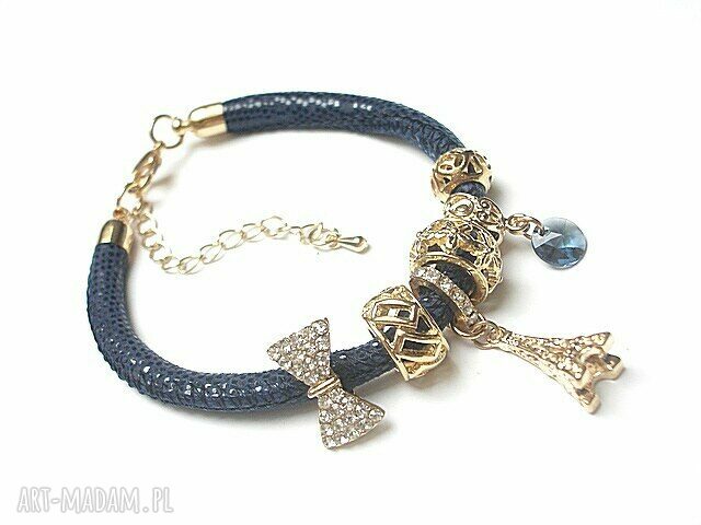 Strap navy blue vol skóra rzemień swarovski cyrkonie kokarda