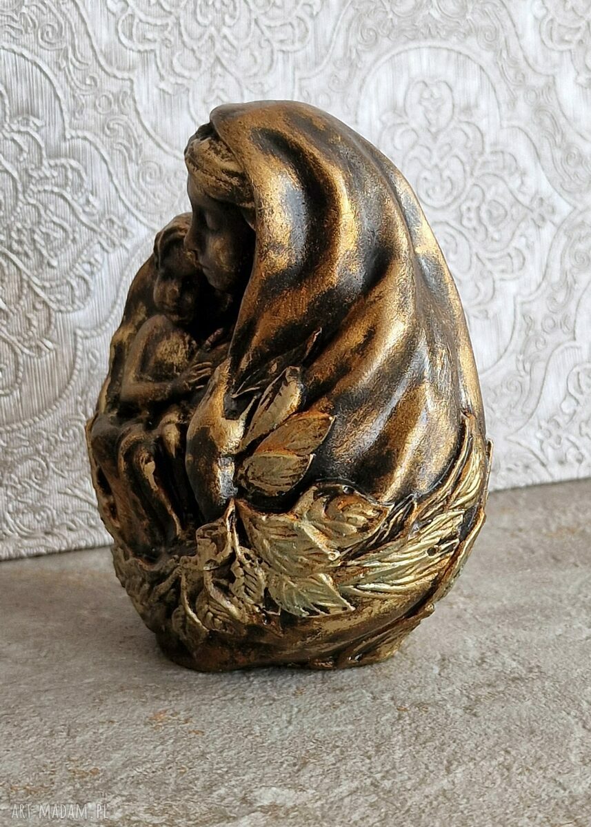 Rzeźba Matka z Dzieckiem - Maryja w metalicznym miedzianym złocie, 9,7 cm